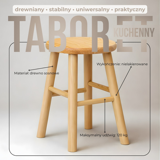 Taboret drewniany, okrągły stołek kucheny, pomocniczy 44 cm krzesło wielofunkcyjne 