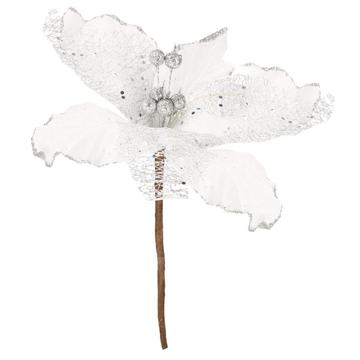 Gwiazda betlejemska 23 cm sztuczny kwiat, poinsecja biała z brokatem