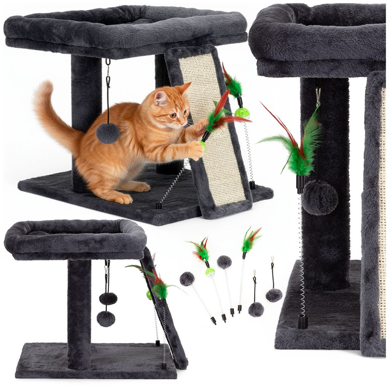 Drapak dla kota, dwa poziomy, legowisko z drabinką i sizalem do drapania, grafitowy