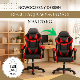 Fotel gamingowy, biurowy z regulacją nachylenia oparcia, krzesło obrotowe dla gracza, ekoskóra, czarno-czerwony