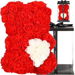 Miś z płatków róż czerwony 25 cm rose bear z białym sercem