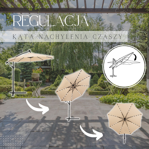 Parasol ogrodowy z oświetleniem led na wysięgniku 300 cm składany na balkon, taras ecru 