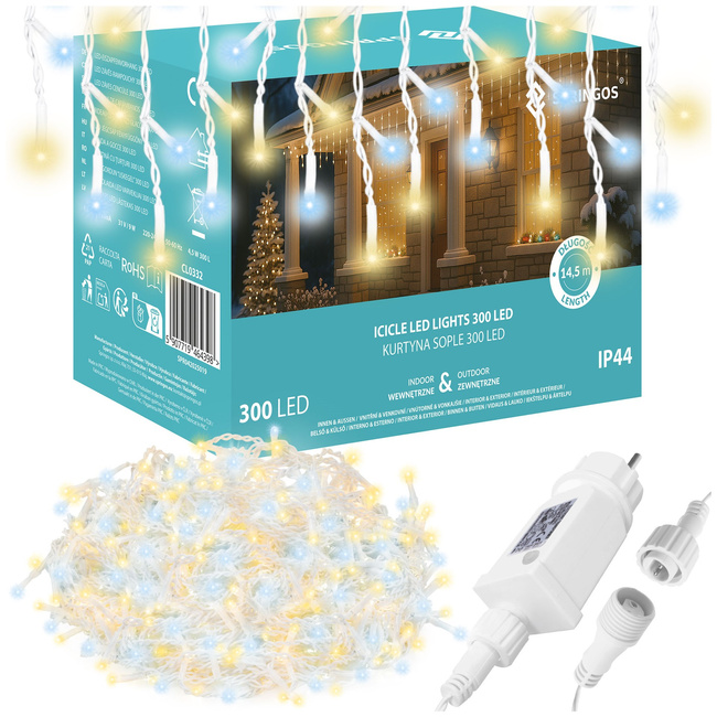 Kurtyna świetlna 300 led girlanda, lampki wewnętrzno-zewnętrzne sople biały ciepły + biały flash