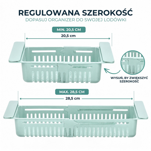 Organizer do lodówki pod półkę rozsuwany 20,5–28,5 cm, wysuwana szuflada miętowa