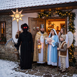 Przebranie na Halloween 146/152 cm strój śmierć, żniwiarz, kostium kostuchy, kosa, okulary LED