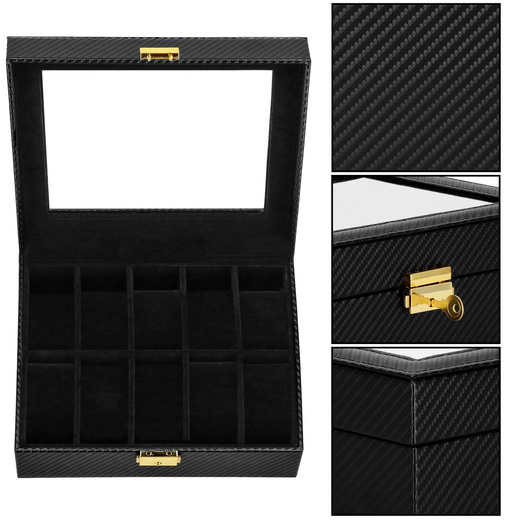 Szkatułka na zegarki 25x20x8 cm czarna, ekoskóra organizer z 10 przegródkami