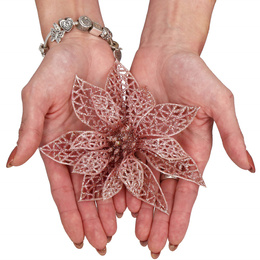 Gwiazda betlejemska 2 szt. sztuczny kwiat, poinsecja ażurowa, różowa z brokatem na klipsie