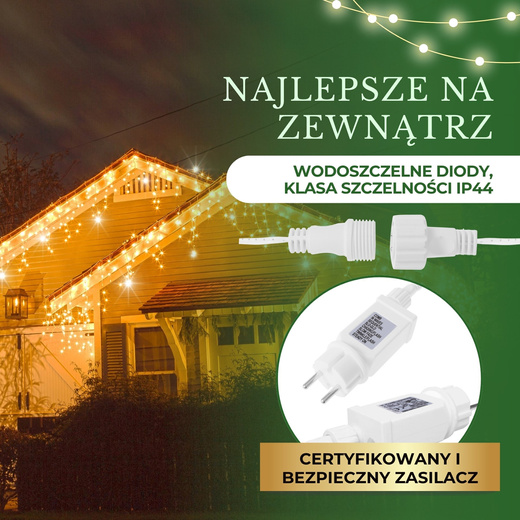 Kurtyna świetlna 500 led girlanda, lampki wewnętrzno-zewnętrzne sople ciepły biały z zimnym białym flash
