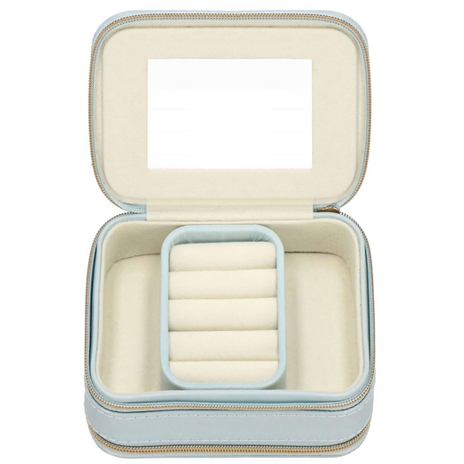 Szkatułka na biżuterię ekoskóra 11,5x8,5x5,5 cm błękitny organizer z przegródkami i lusterkiem