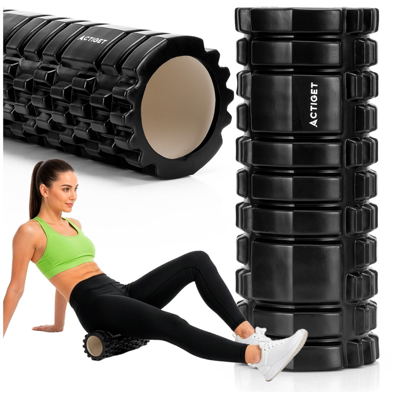 Wałek do masażu, średnio twardy, roller z wypustkami, czarny