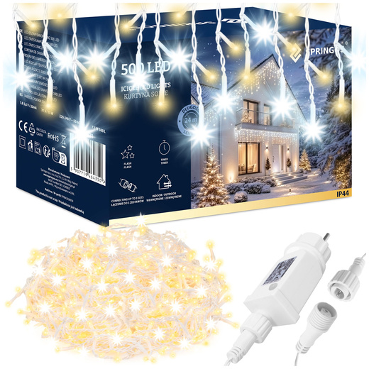 Kurtyna świetlna 500 led girlanda, lampki wewnętrzno-zewnętrzne 24 m sople biały ciepły + flash