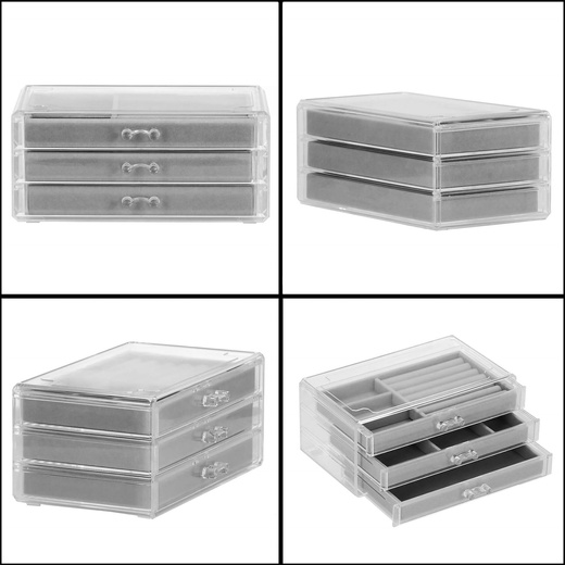 Szkatułka na biżuterię 23x14x11 cm szary welurowy organizer z przegródkami