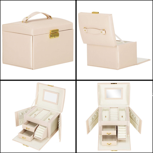 Szkatułka na biżuterię ekoskóra 17,5x12x13,5 cm jasny różowy organizer z przegródkami