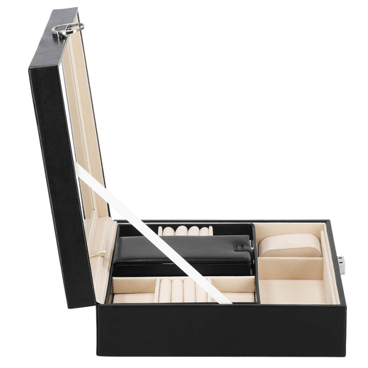 Szkatułka na biżuterię ekoskóra 25 x 25 x 8,5 cm czarny organizer z przegródkami i lusterkiem