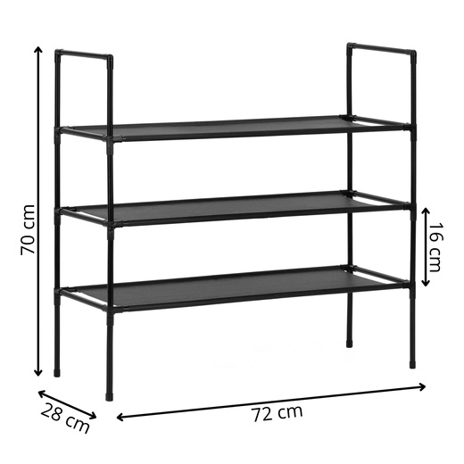 Regał na buty 3 poziomy szafka metalowa z półkami na obuwie 70x72x28 cm czarna