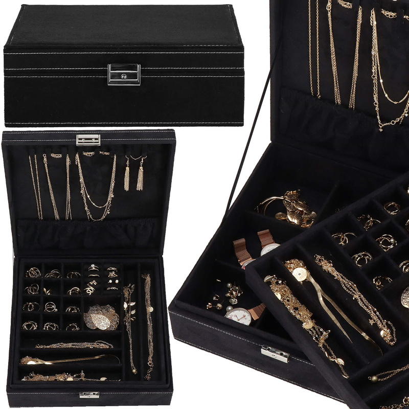 Szkatułka na biżuterię 26x26x9 cm czarny, welurowy organizer z przegródkami