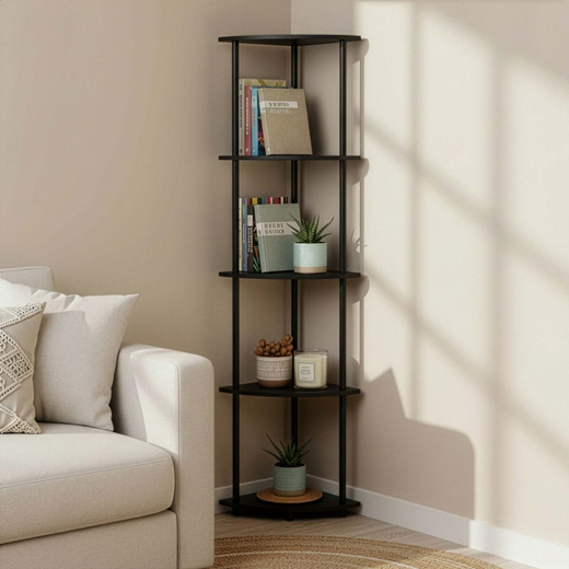 Regał narożny z 5 półkami do salonu 147 cm czarny
