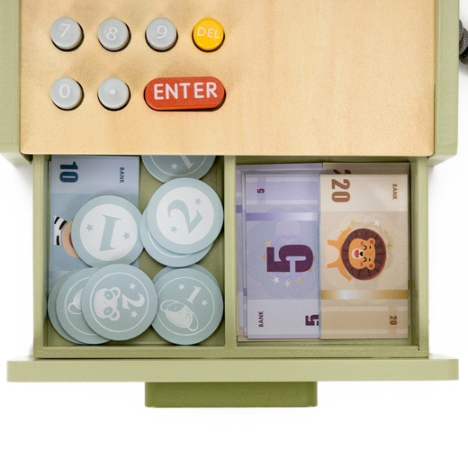 Kasa sklepowa, drewniana zabawka dla dzieci, terminal kart, banknoty, multikolor