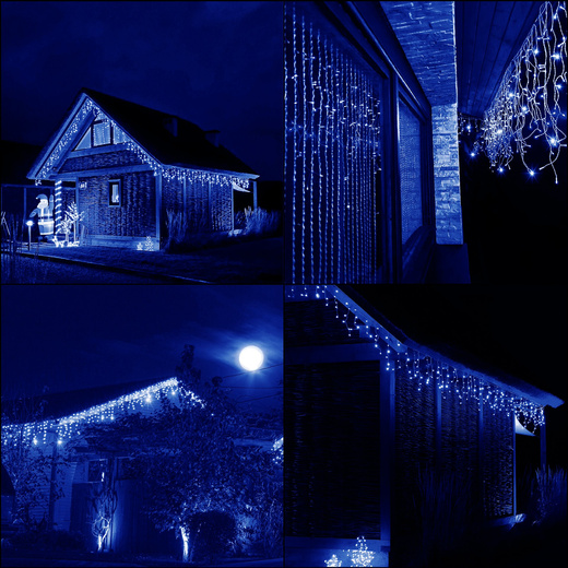 Kurtyna świetlna 300 led girlanda, lampki wewnętrzno-zewnętrzne 14,5 m sople niebieski z zimnym białym flash