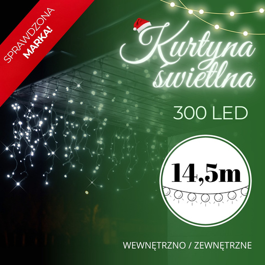 Kurtyna świetlna 14,5 m girlanda, lampki wewnętrzno-zewnętrzne 300 led sople zimny biały z flash
