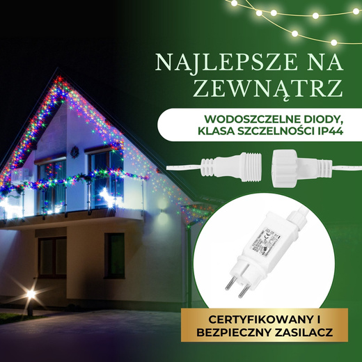 Kurtyna świetlna 1500 led girlanda, lampki wewnętrzno-zewnętrzne 67,5m sople multikolor