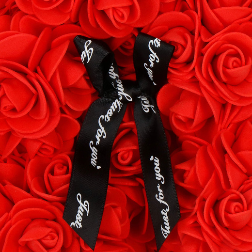 Miś z płatków róż czerwony 22 cm rose bear z kokardką i lampkami LED biały ciepły