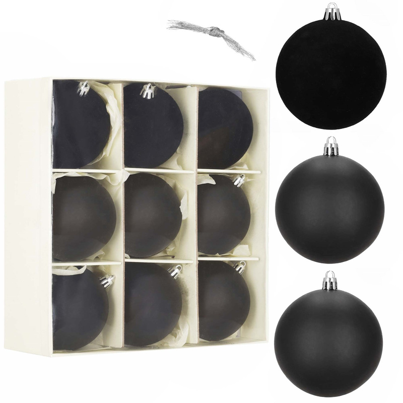 Bombki choinkowe 9 szt. zestaw dekoracji świątecznych 8,5 cm nietłukące, zamszowe, czarne