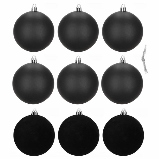 Bombki choinkowe 9 szt. zestaw dekoracji świątecznych 8,5 cm nietłukące, zamszowe, czarne