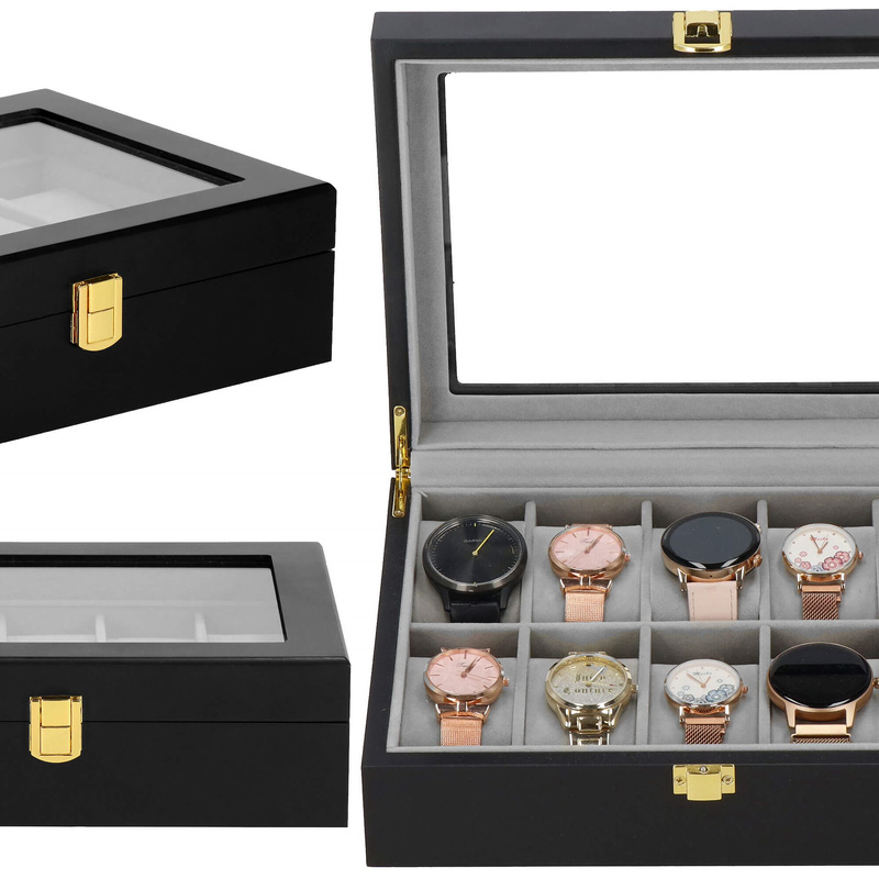 Szkatułka na zegarki 26,5x20x8 cm czarno-szary organizer z 10 przegródkami