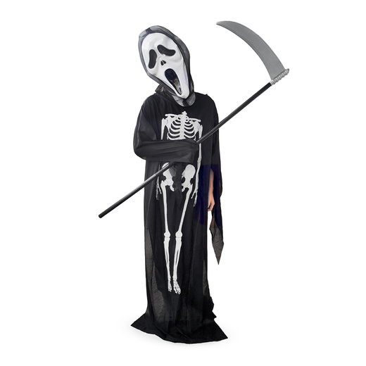 Strój na Halloween dla dzieci kostium śmierć z maską, peleryną i kosą kostucha przebranie
