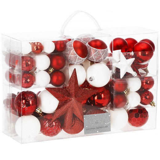 Bombki choinkowe 105 szt. ozdoby świąteczne zestaw biały, czerwony