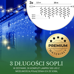 Kurtyna świetlna 1500 led girlanda, lampki wewnętrzno-zewnętrzne sople niebieski