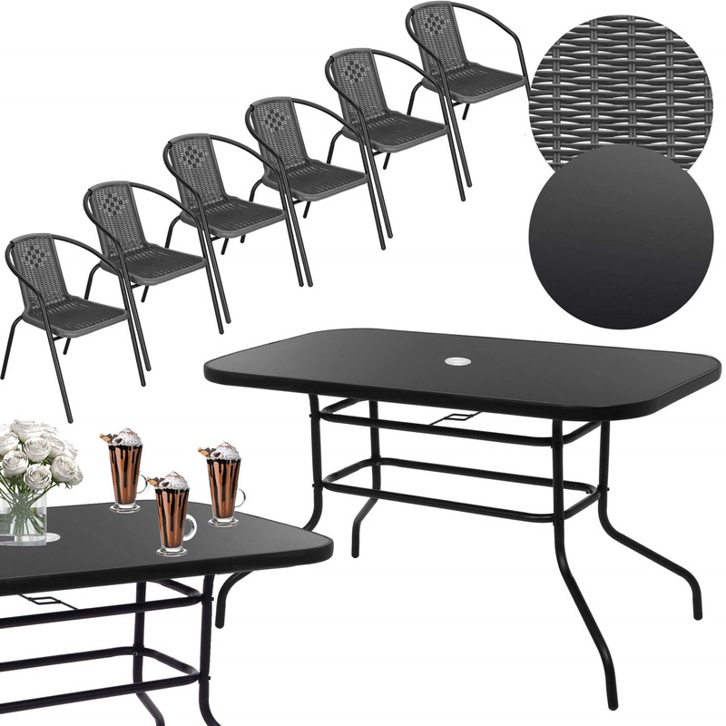 Meble ogrodowe na taras metalowe krzesła 6 szt. i stół 140x80 cm komplet czarno-szary