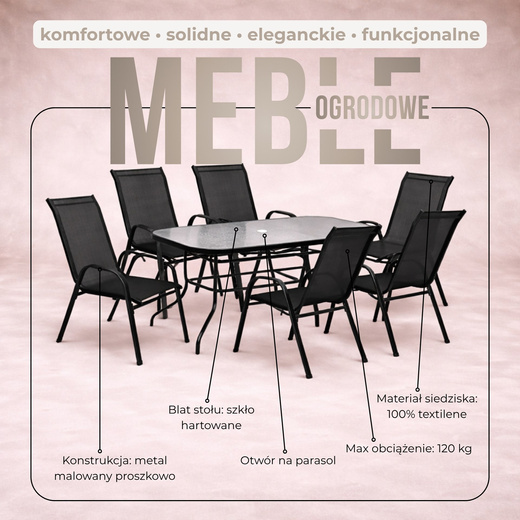 Meble ogrodowe, metalowe zestaw dla 6 osób stół 120 cm szkło hartowane i 6 krzeseł czarne