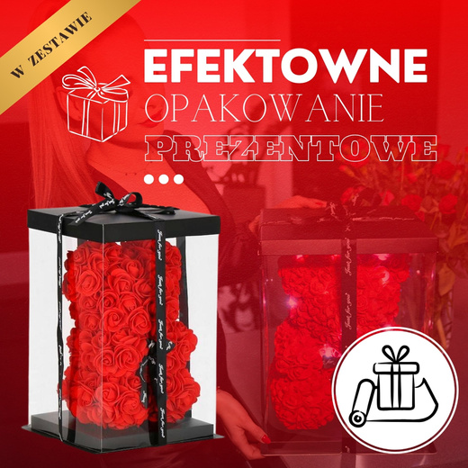 Miś z płatków róż czerwony 22 cm rose bear z kokardką