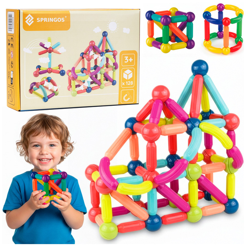 Klocki magnetyczne, konstrukcyjne 3D duży zestaw 128 szt. patyczki kulki