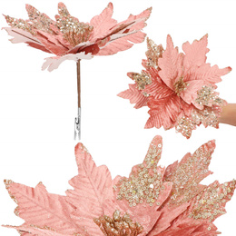 Gwiazda betlejemska, sztuczny kwiat na klipsie poinsecja różowa srebrne cekiny