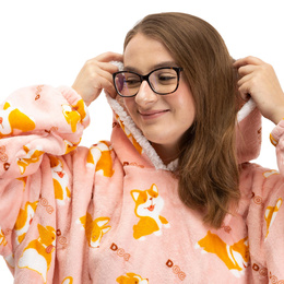 Kocobluza damska oversize koc bluza 2w1 z kapturem ciepła szlafrok futrzak piesek corgi