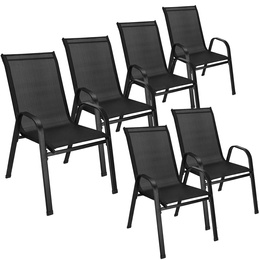 Meble ogrodowe zestaw na taras dla 6 osób: metalowe 6 krzeseł i stół z bezbarwnym szklanym blatem, czarny