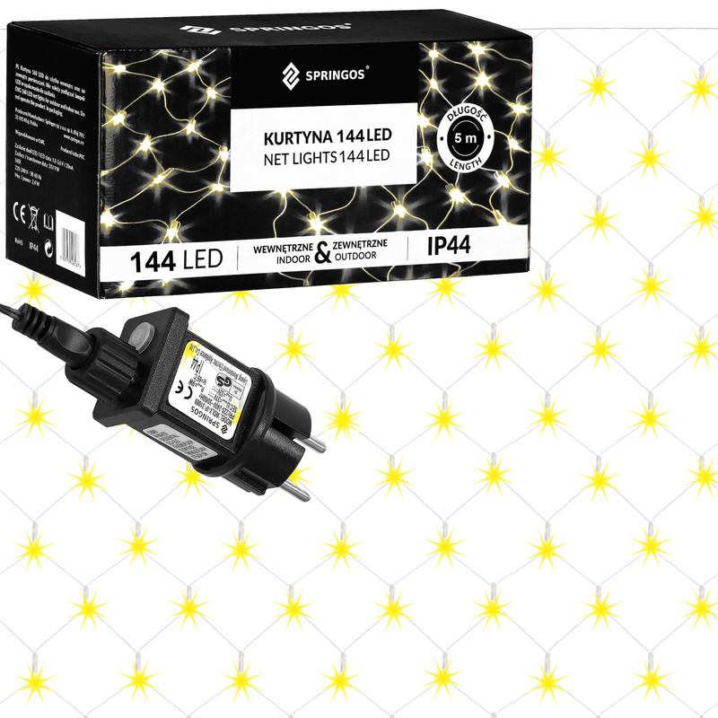 Kurtyna świetlna ciepły biały 144 Led lampki wewnętrzno-zewnętrzne siatka z programatorem