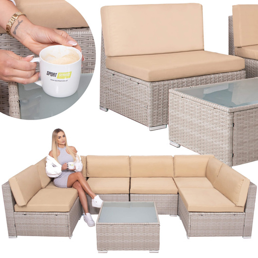 Meble ogrodowe zestaw modułowy technorattan stolik kawowy i 6 modułów beżowy