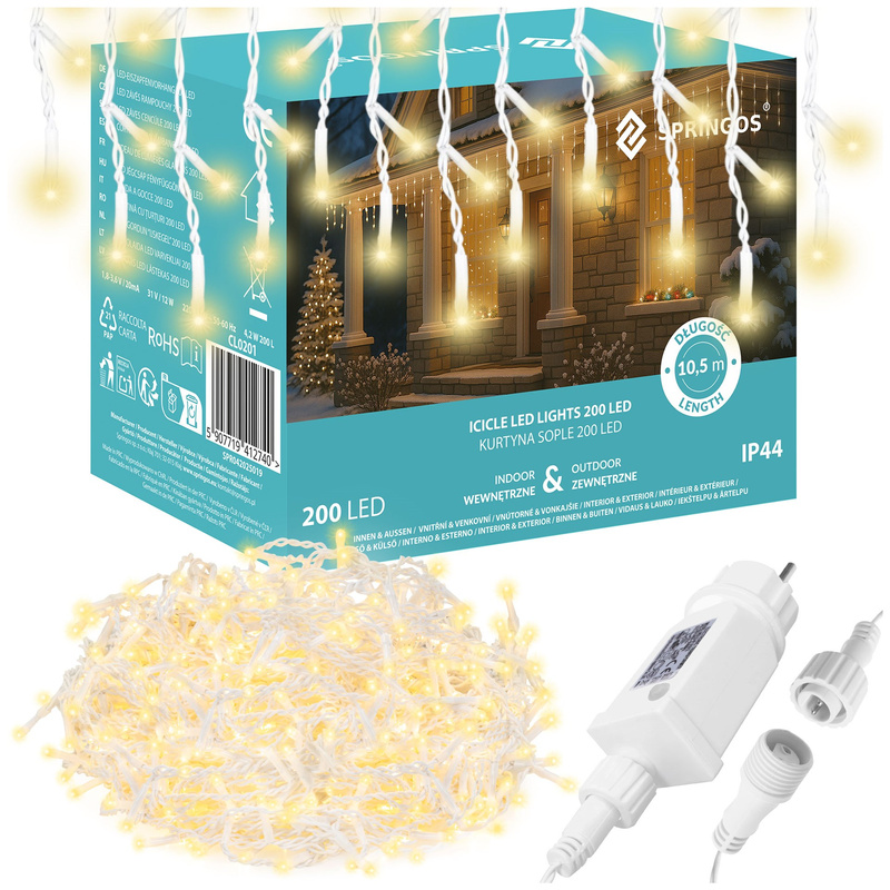 Kurtyna świetlna 200 led girlanda, lampki wewnętrzno-zewnętrzne sople ciepły biały