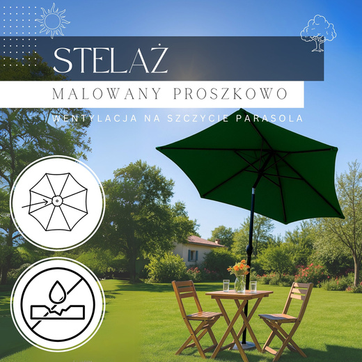 Parasol ogrodowy łamany 260 cm duży z korbką, na balkon, taras ciemnozielony