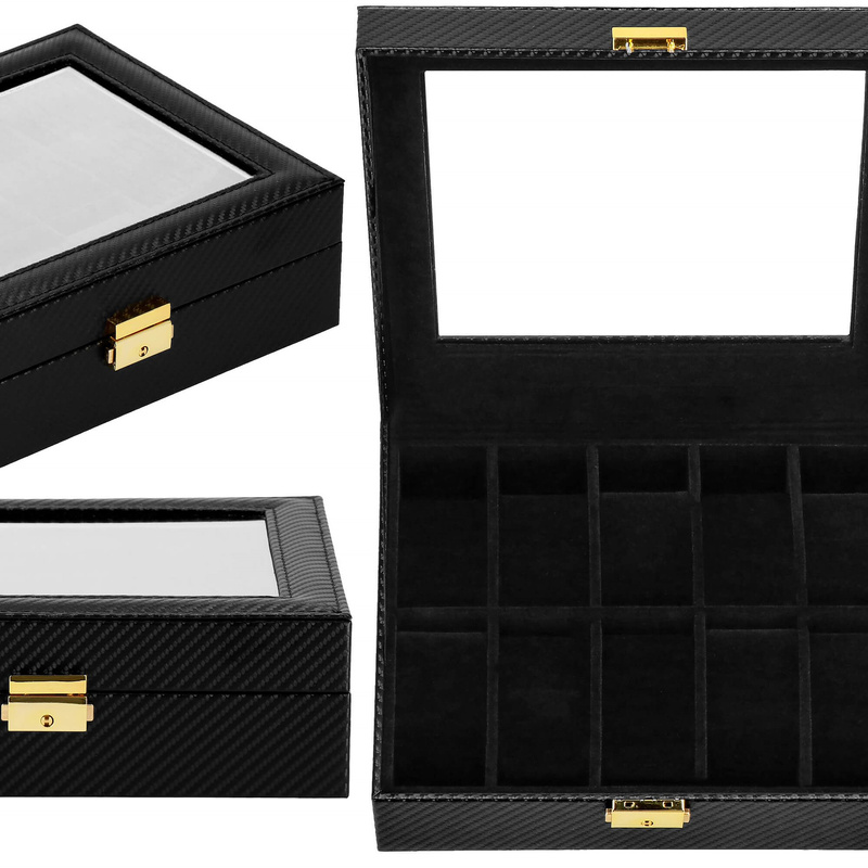 Szkatułka na zegarki 25x20x8 cm czarna, ekoskóra organizer z 10 przegródkami