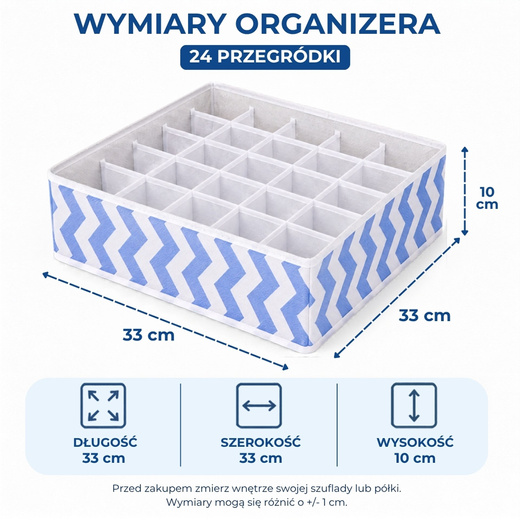 Organizer do szuflady na skarpetki i bieliznę 24 przegródki 33 × 33 × 10 cm niebieski