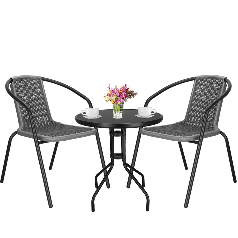 Meble ogrodowe metalowe 2 krzesła i stół ze szklanym blatem zestaw ogrodowy czarno-szary