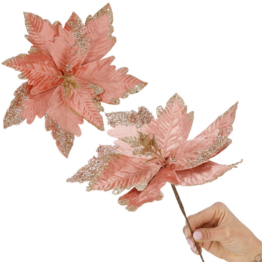 Gwiazda betlejemska, sztuczny kwiat poinsecja 29 cm różowa z brokatem i cekinami