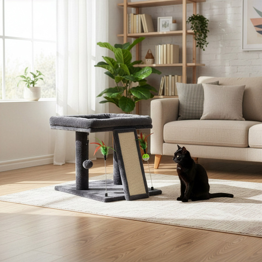Drapak dla kota, dwa poziomy, legowisko z drabinką i sizalem do drapania, grafitowy