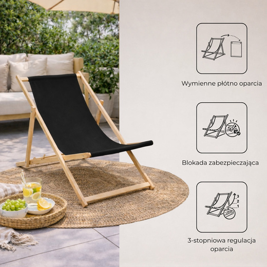 Leżak ogrodowy, drewniany z 3-stopniową regulacją, plażowy, balkonowy, czarny
