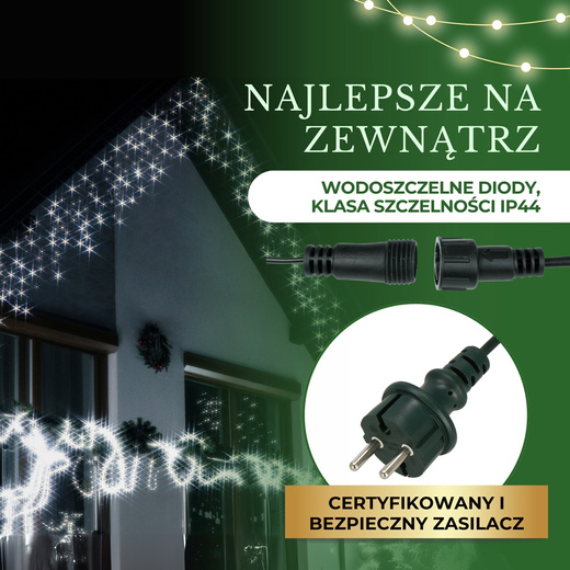 Kurtyna świetlna 300 led girlanda, lampki zewnętrzne sople zimny biały + flash